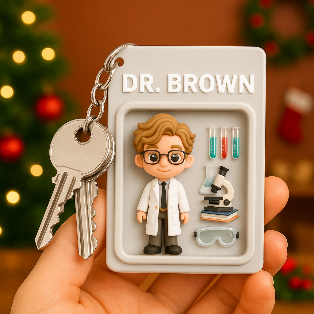Unique professor 2D acrylic keychain in cartoon style. Great personalized gift for professors, scholars, and graduation ceremonies.