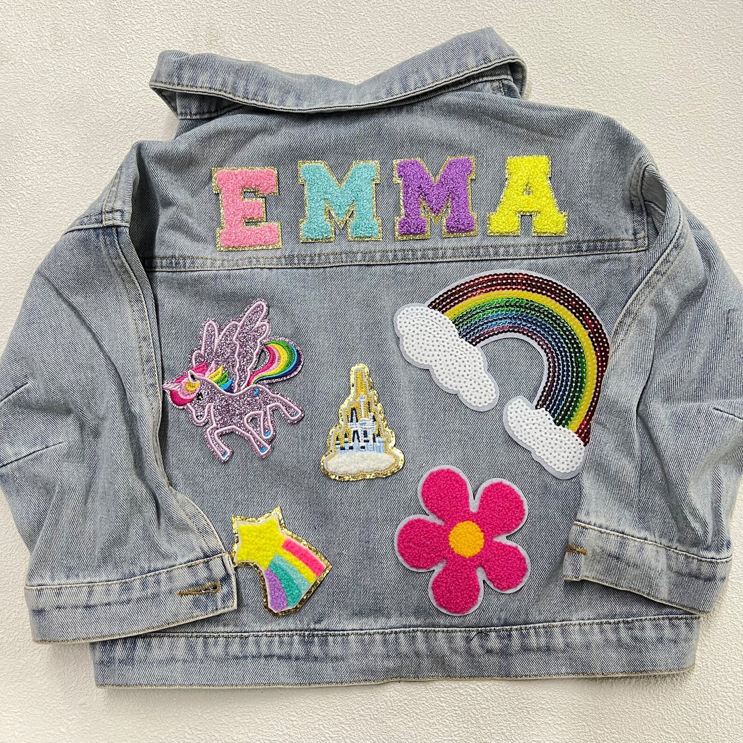Custom Kids' Jean Jacket with Patches – Embroidered Name & Chenille Letter Denim Jacket – Birthday Gift for Toddlers