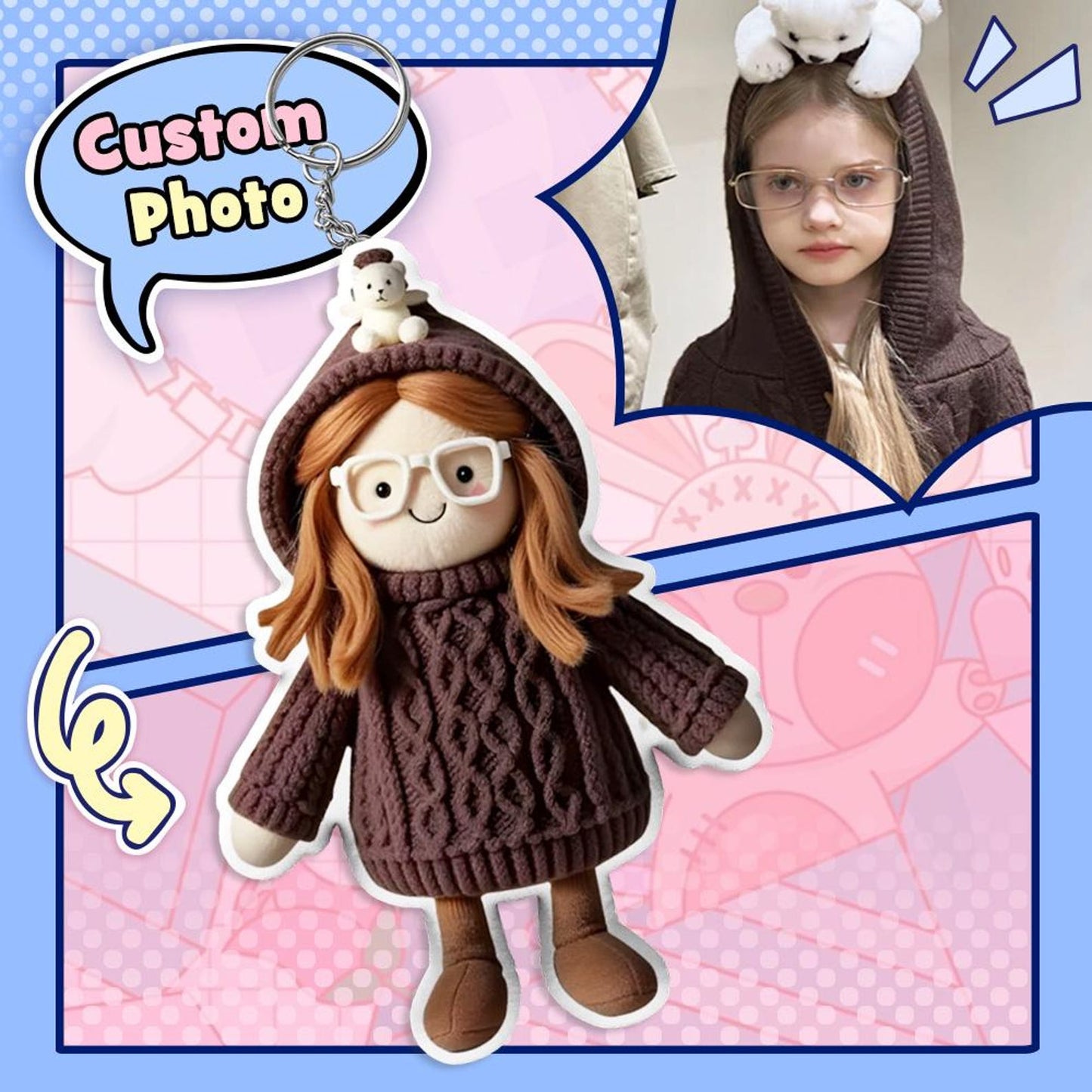 Custom Plush Doll Keychain Christmas Gifts Personalized Face Keychain with Photo Print Unique