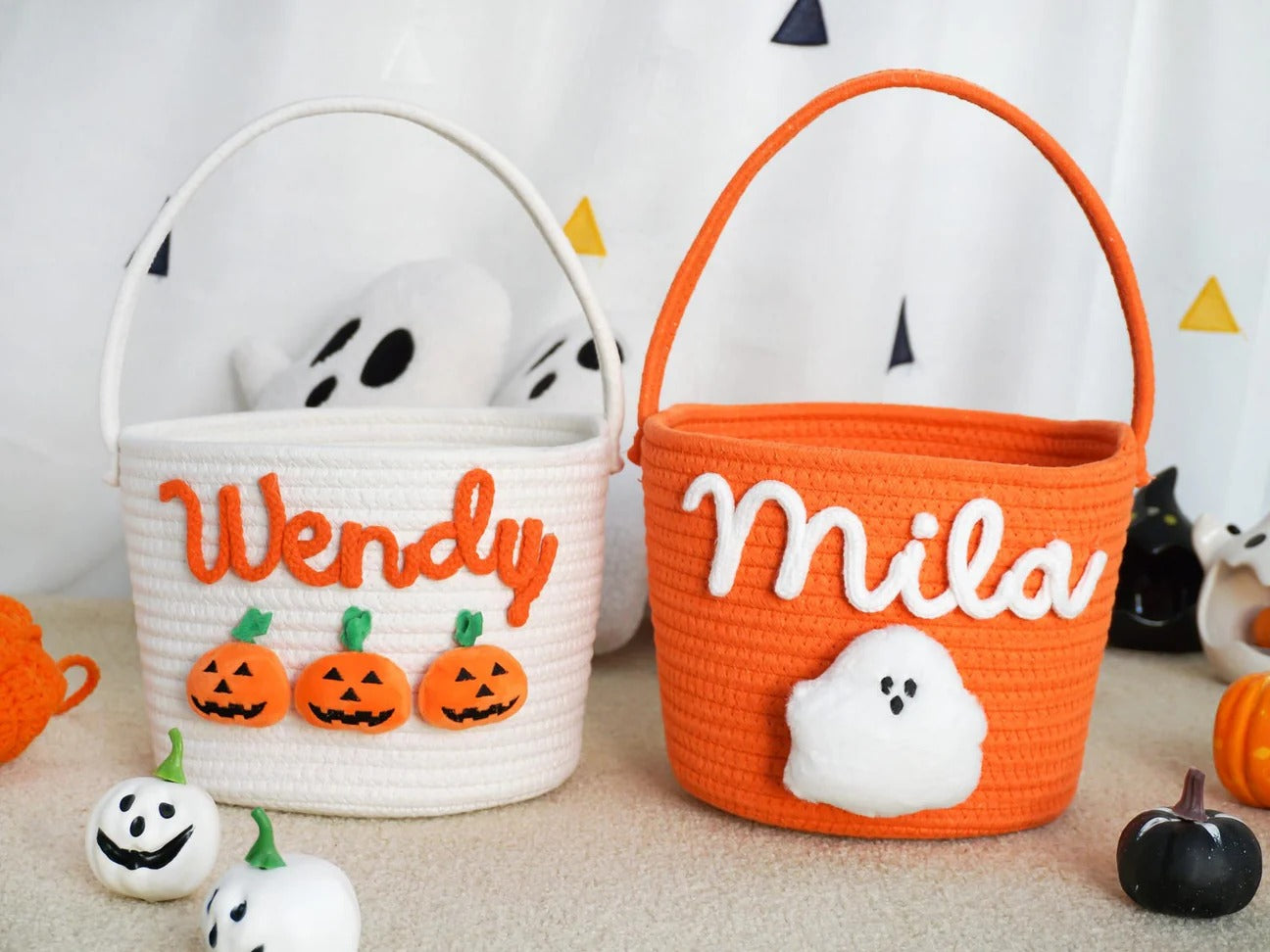 Customized Halloween Treat Basket - Personalized Trick or-Treat Bucket, Spooky Candy Bag Collection for Kids & Family, Ghost-Themed Gift Handcrafted Candy Pail