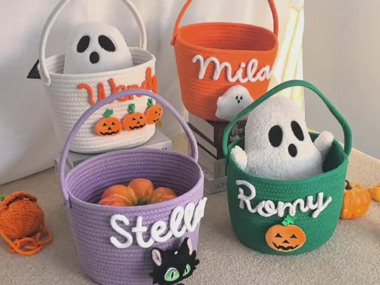 Customized Halloween Treat Basket - Personalized Trick or-Treat Bucket, Spooky Candy Bag Collection for Kids & Family, Ghost-Themed Gift Handcrafted Candy Pail