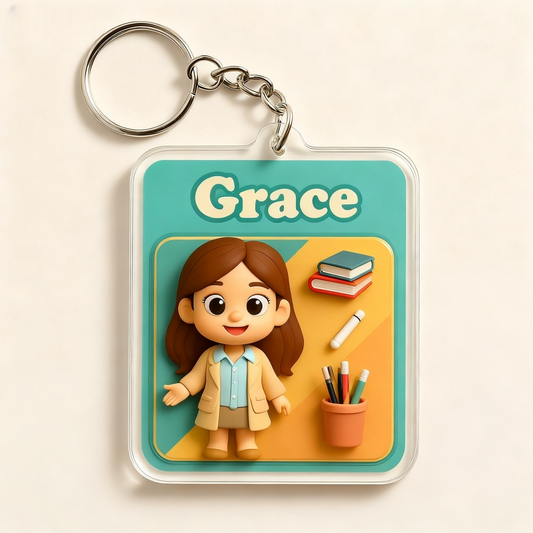 Custom Teacher Cartoon Keychain – 3D or 2D Acrylic Style for Unique Gift