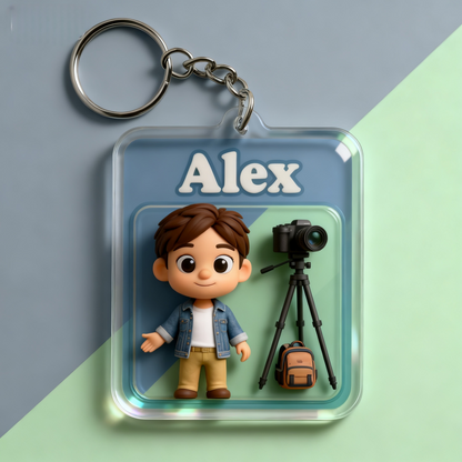 Personalized Photographer Keychain – Cute Chibi Cartoon Figurine GiftChoose 3D Figurine or 2D Acrylic Style