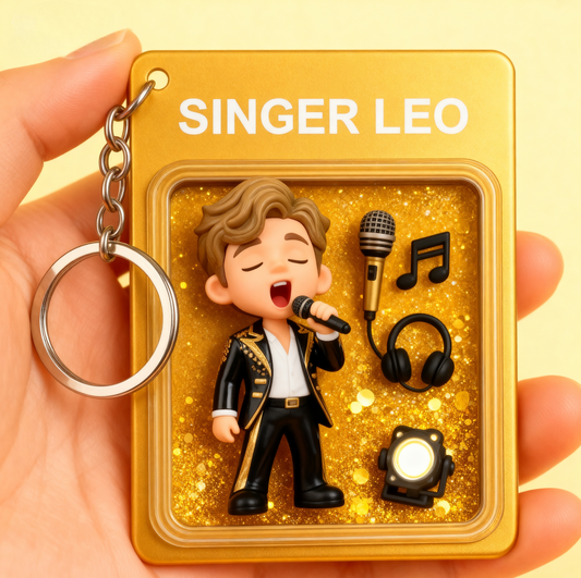 Personalized cartoon singing 2D acrylic keychain. Perfect gift for singers, karaoke fans, and music lovers.