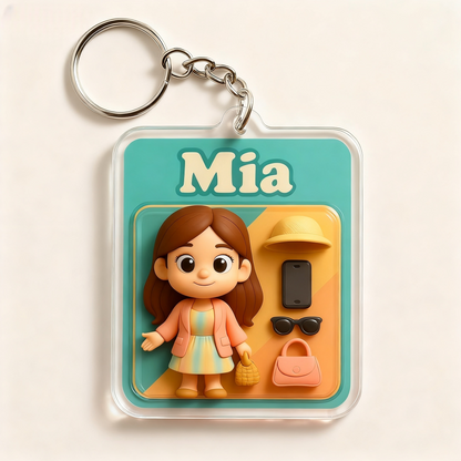 Personalized Traveler Cartoon Keychain – 3D Mini Figurine or Flat Acrylic Charm Choose 3D Figurine or 2D Acrylic Style