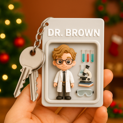 Unique professor 2D acrylic keychain in cartoon style. Great personalized gift for professors, scholars, and graduation ceremonies.