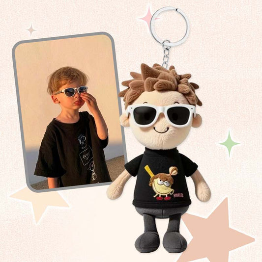 Personalized Keychain With Photo Of A Boy Stuffed Animal Doll