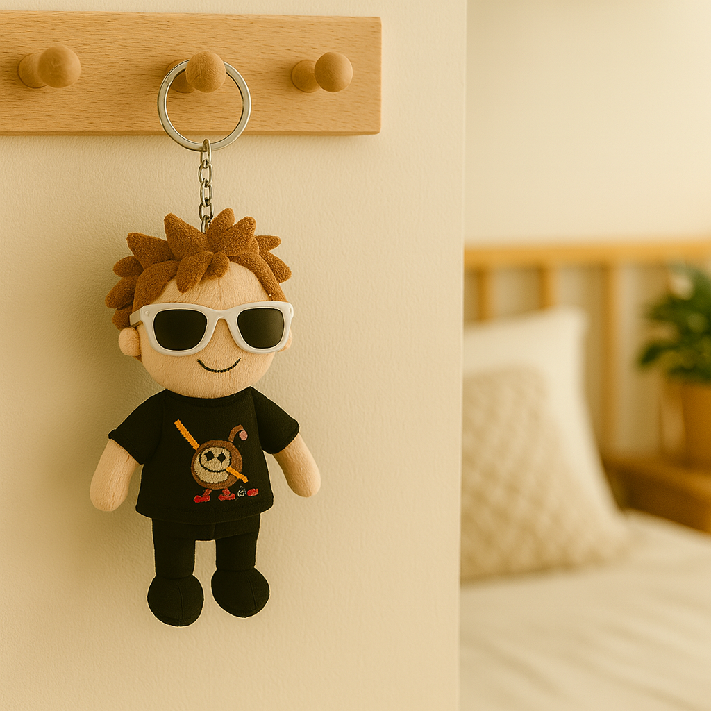 Personalized Keychain With Photo Of A Boy Stuffed Animal Doll