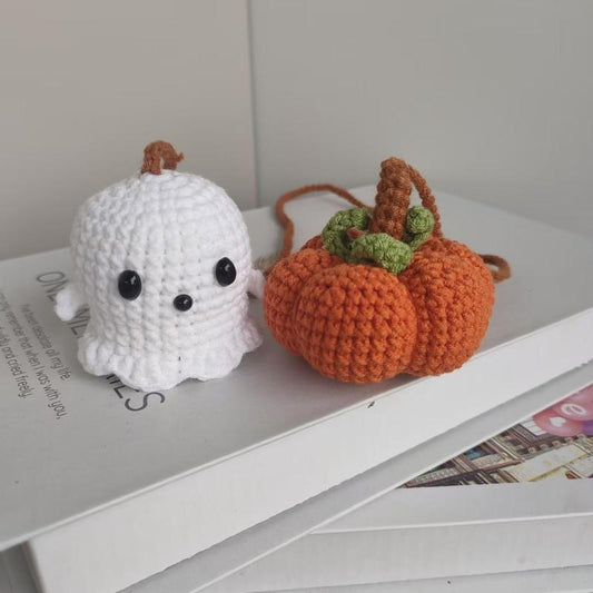 Handmade Crochet Pumpkin & Ghost Car Hanging Ornament - Soft Autumn Car Decor, Cute Auto Gift for Halloween