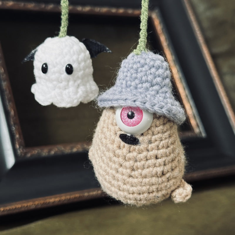 Handmade Crochet Pumpkin & Ghost Car Hanging Ornament - Soft Autumn Car Decor, Cute Auto Gift for Halloween
