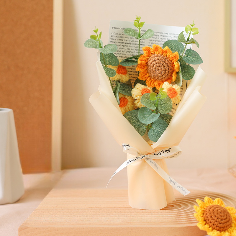 Crochet Flowers Crocheted Sunflower Handmade Rose Flowers Knitted Flowers Bouquet Anniversary Gift for Her