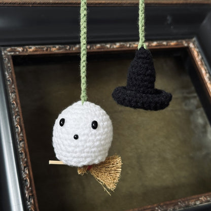 Handmade Crochet Pumpkin & Ghost Car Hanging Ornament - Soft Autumn Car Decor, Cute Auto Gift for Halloween