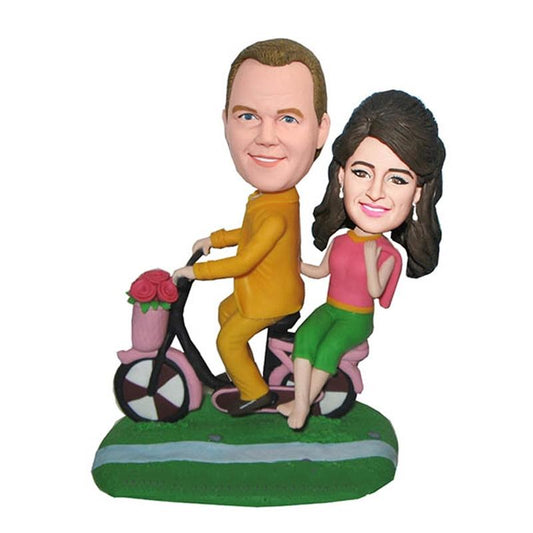 Custom Couple Bobble Heads Riding Bike With Roses