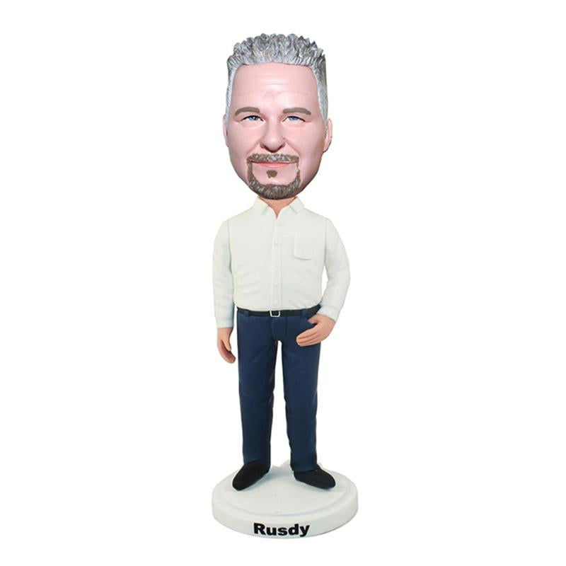 Casual Bobbleheads Male In White And Blue With One Hand On Pocke
