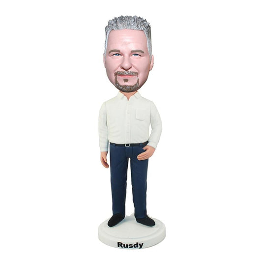Casual Bobbleheads Male In White And Blue With One Hand On Pocke