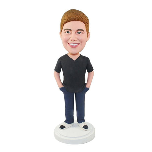 Bobbleheads Boy In V Collar Black T-shirt And Blue -Personalized