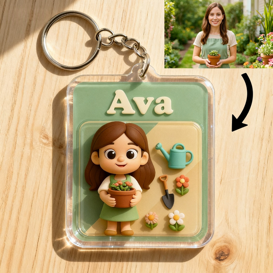 Personalized Gardening Cartoon Keychain – Sweet Outdoor Hobby Gift Choose 3D Figurine or 2D Acrylic Style