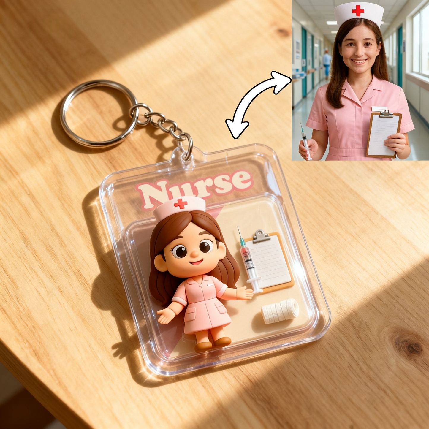Personalized Nurse Keychain from Your Photo – Cute Cartoon Character Gift Choose 3D Figurine or 2D Acrylic Style