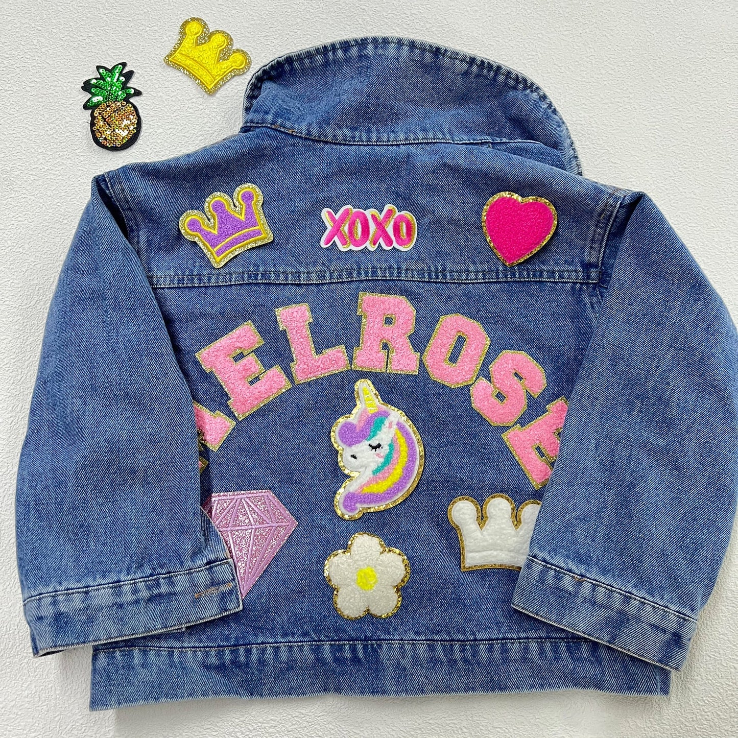 Custom Kids' Jean Jacket with Patches – Embroidered Name & Chenille Letter Denim Jacket – Birthday Gift for Toddlers