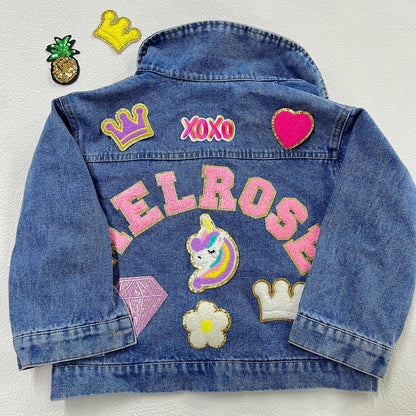 Custom Kids' Jean Jacket with Patches – Embroidered Name & Chenille Letter Denim Jacket – Birthday Gift for Toddlers