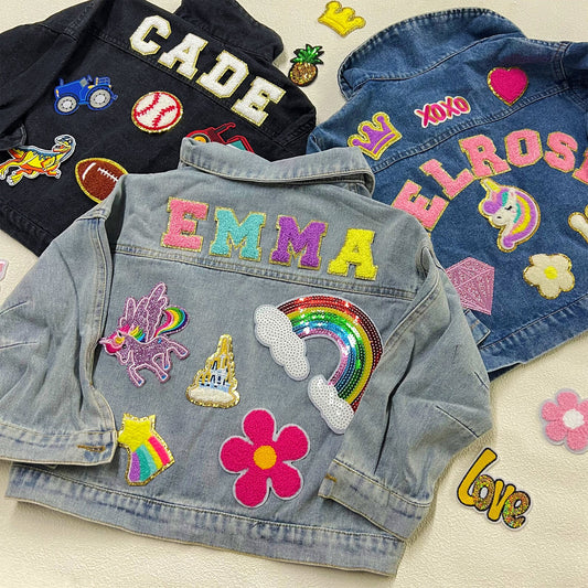 Custom Kids' Jean Jacket with Patches – Embroidered Name & Chenille Letter Denim Jacket – Birthday Gift for Toddlers