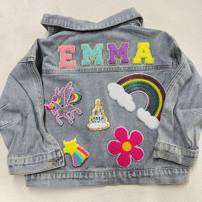 Custom Kids' Jean Jacket with Patches – Embroidered Name & Chenille Letter Denim Jacket – Birthday Gift for Toddlers