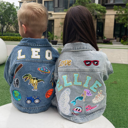 Custom Kids Denim Jacket with Chenille Letters – Personalized Patch Jean Jacket for Boys & Girls – Unique Birthday Gift