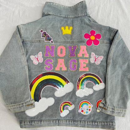 Custom Kids Denim Jacket with Chenille Letters – Personalized Patch Jean Jacket for Boys & Girls – Unique Birthday Gift