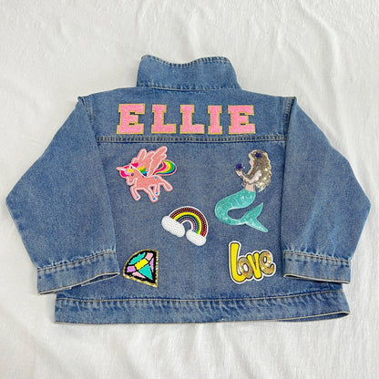 Custom Kids Denim Jacket with Chenille Letters – Personalized Patch Jean Jacket for Boys & Girls – Unique Birthday Gift