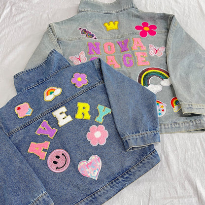 Custom Kids Denim Jacket with Chenille Letters – Personalized Patch Jean Jacket for Boys & Girls – Unique Birthday Gift