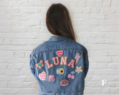 Kids' Custom Chenille Letter Jacket – Patchwork Denim Jacket with Name – Adorable Birthday Gift for Toddlers