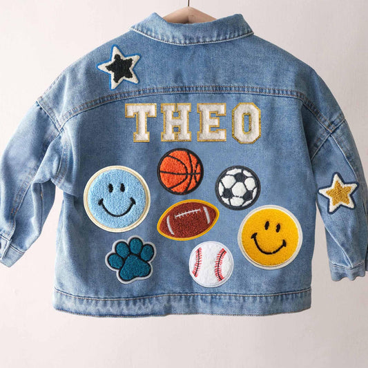 Kids' Custom Chenille Letter Jacket – Patchwork Denim Jacket with Name – Adorable Birthday Gift for Toddlers