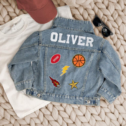 Personalized Boys & Girls Denim Jacket – Chenille Letter & Patch Custom Jean Jacket – Unique Toddler Gift for Birthdays