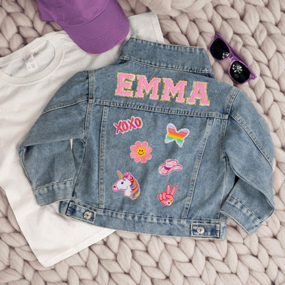 Personalized Boys & Girls Denim Jacket – Chenille Letter & Patch Custom Jean Jacket – Unique Toddler Gift for Birthdays