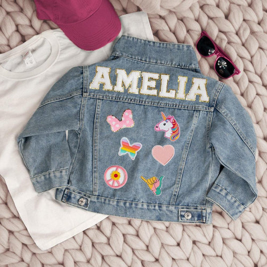 Personalized Boys & Girls Denim Jacket – Chenille Letter & Patch Custom Jean Jacket – Unique Toddler Gift for Birthdays