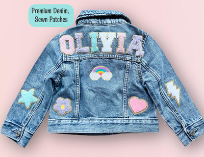 Personalized Boys & Girls Denim Jacket – Unique Patch & Chenille Letter Design – Stylish Birthday Gift for Kids