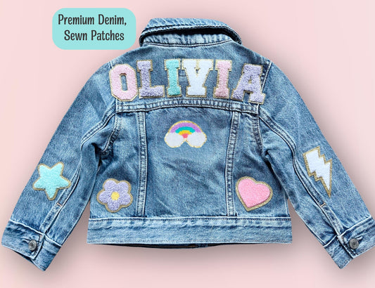 Personalized Boys & Girls Denim Jacket – Unique Patch & Chenille Letter Design – Stylish Birthday Gift for Kids