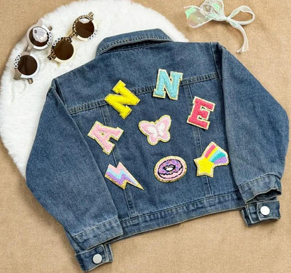 Kids' Embroidered Name Denim Jacket – Custom Chenille & Patch Jean Jacket for Boys & Girls – Birthday & Christmas Gift