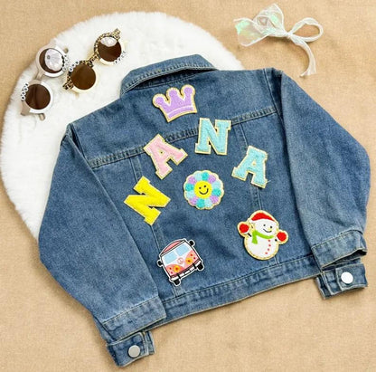 Kids' Embroidered Name Denim Jacket – Custom Chenille & Patch Jean Jacket for Boys & Girls – Birthday & Christmas Gift