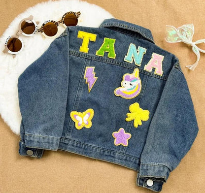 Kids' Embroidered Name Denim Jacket – Custom Chenille & Patch Jean Jacket for Boys & Girls – Birthday & Christmas Gift