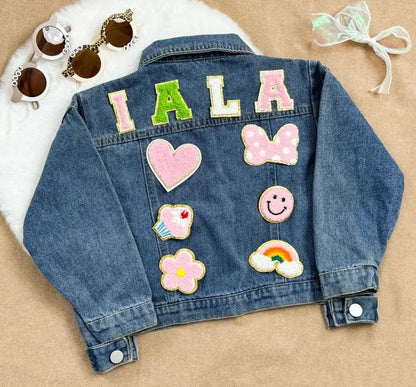 Kids' Embroidered Name Denim Jacket – Custom Chenille & Patch Jean Jacket for Boys & Girls – Birthday & Christmas Gift
