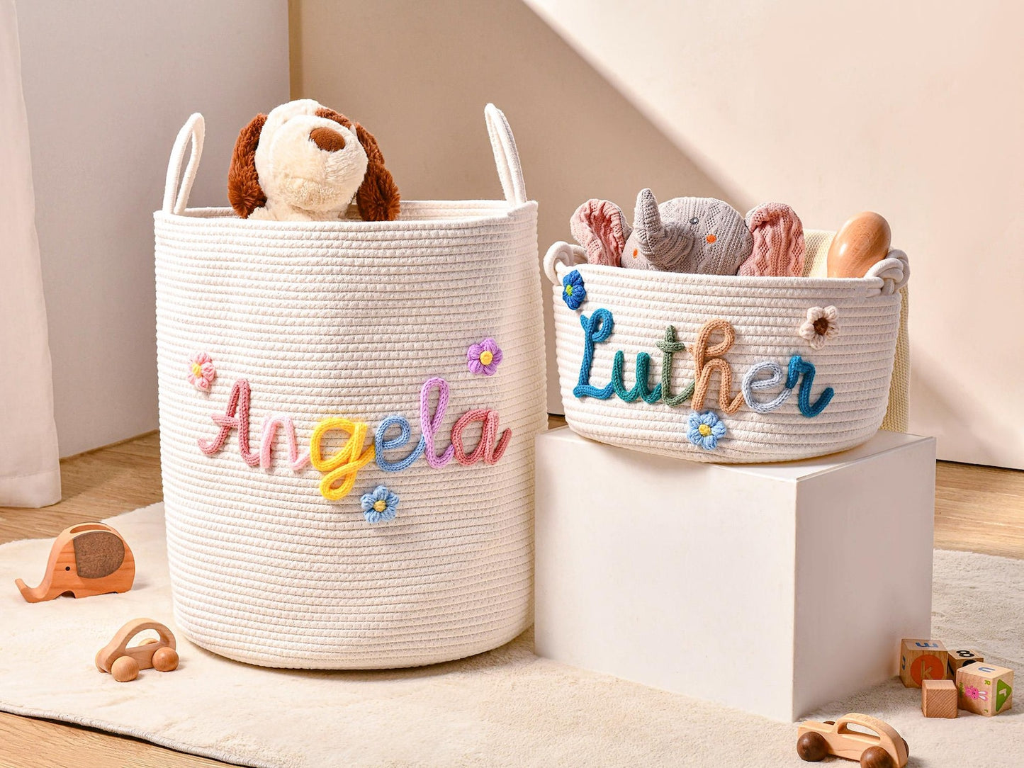 The Perfect All-in-One Baby Shower Gift: Personalized Rope Cotton Basket | Toy Storage & Nursery Organizer