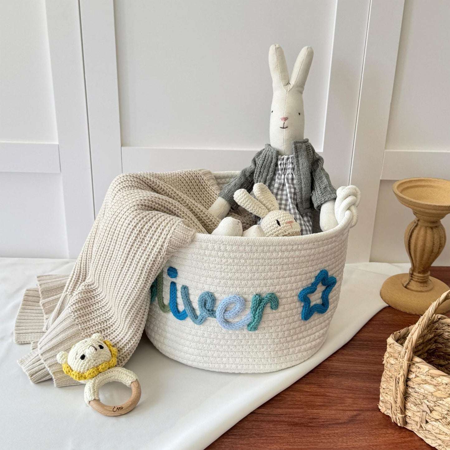 Custom Baby Gift Basket - Handmade Personalized Easter Basket - Newborn Baby Shower Gift - Organic Cotton Rope Nursery Decor - Keepsake Storage Bin