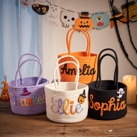 Personalized Halloween Candy Basket - Custom Trick or Treat Pail for Kids, Spooky Ghost Bucket, Halloween Party Favor Bag with Name, Handmade Candy Collector