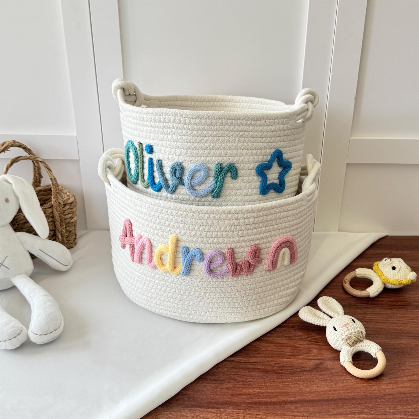 Custom Baby Gift Basket - Handmade Personalized Easter Basket - Newborn Baby Shower Gift - Organic Cotton Rope Nursery Decor - Keepsake Storage Bin