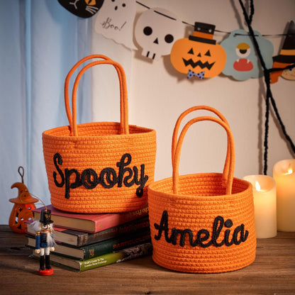Personalized Halloween Candy Basket - Custom Trick or Treat Pail for Kids, Spooky Ghost Bucket, Halloween Party Favor Bag with Name, Handmade Candy Collector