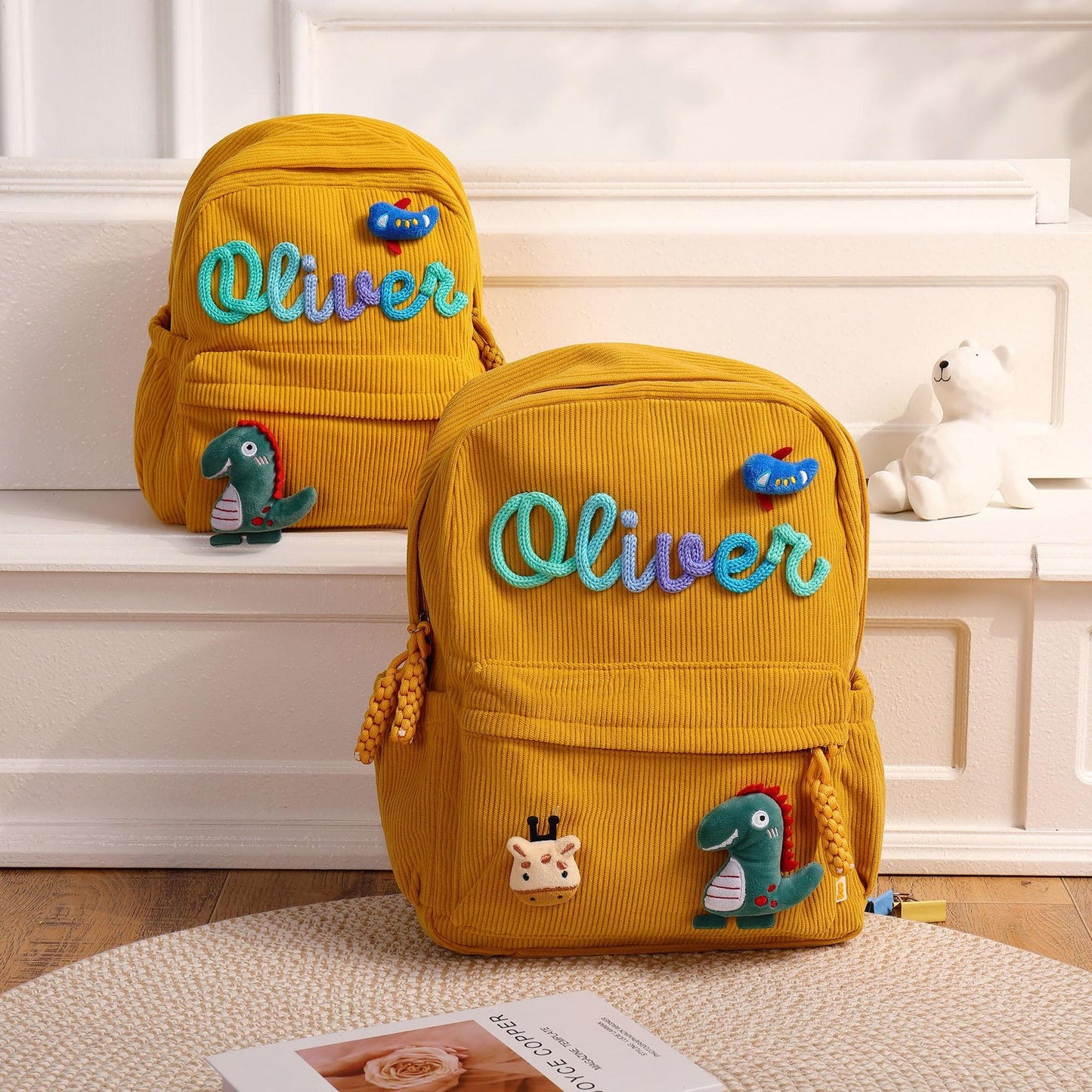 High-quality school backpack made of corduroy fabric – with embroidered name field
