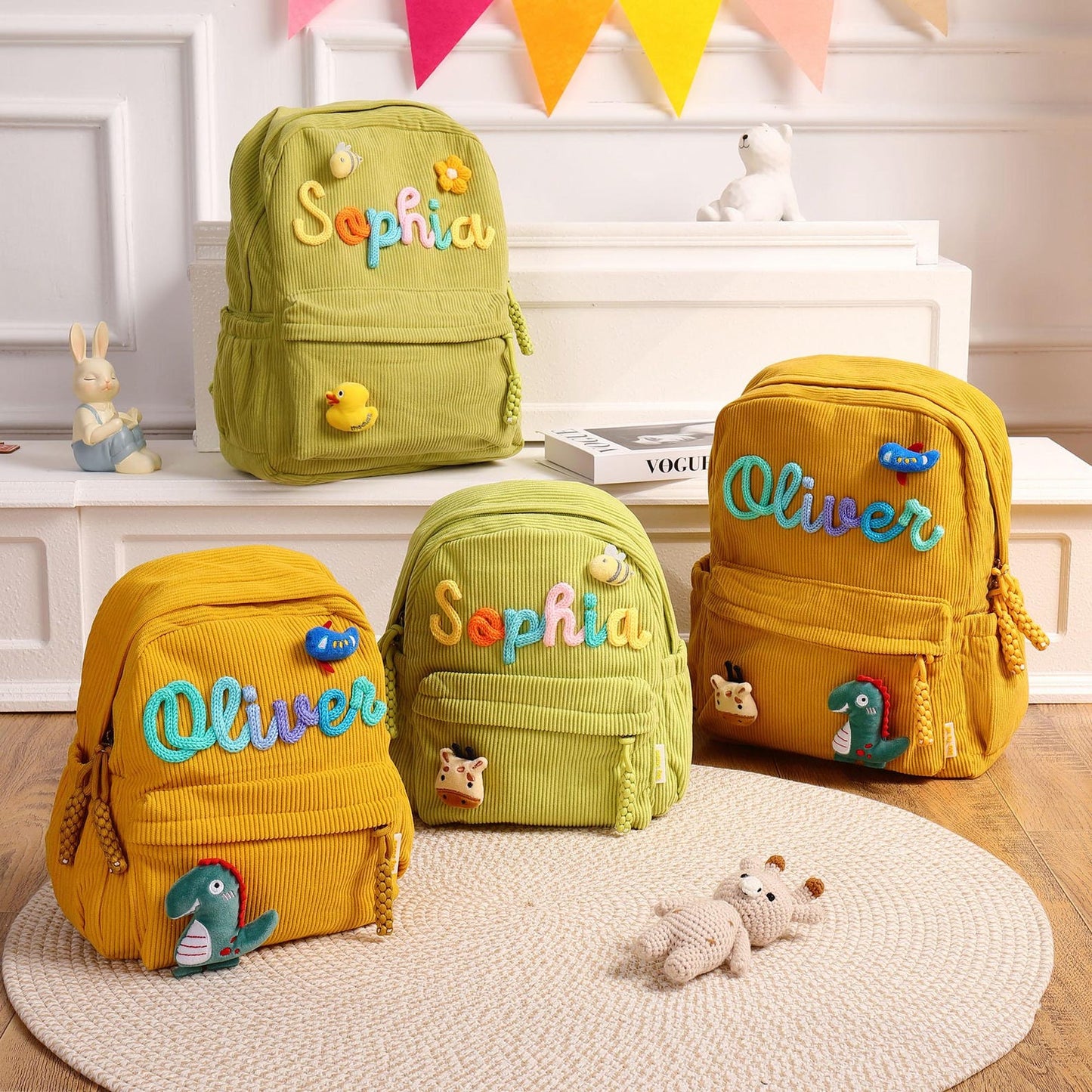 High-quality school backpack made of corduroy fabric – with embroidered name field