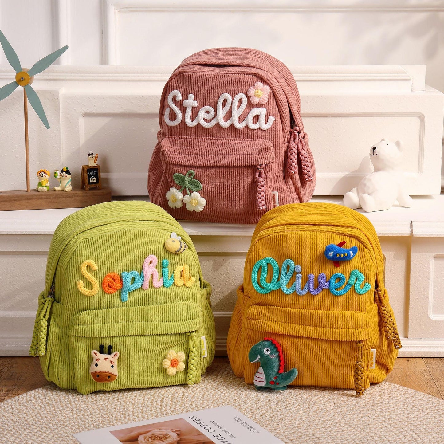 High-quality school backpack made of corduroy fabric – with embroidered name field