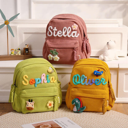 High-quality school backpack made of corduroy fabric – with embroidered name field